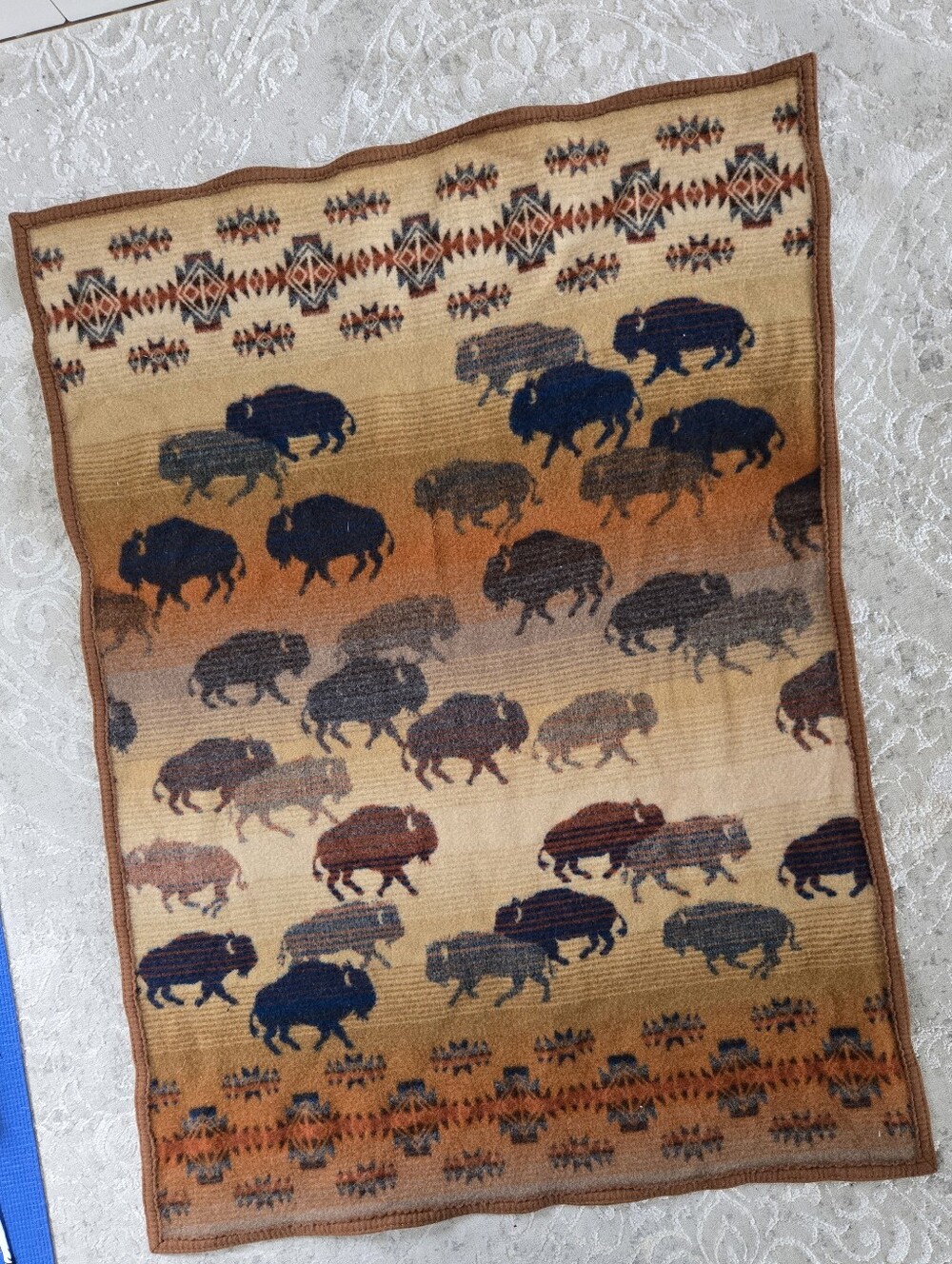 Pendleton Prairie Rush Hour Brown Blue Buffalo-Pattern Wool Throw Blanket